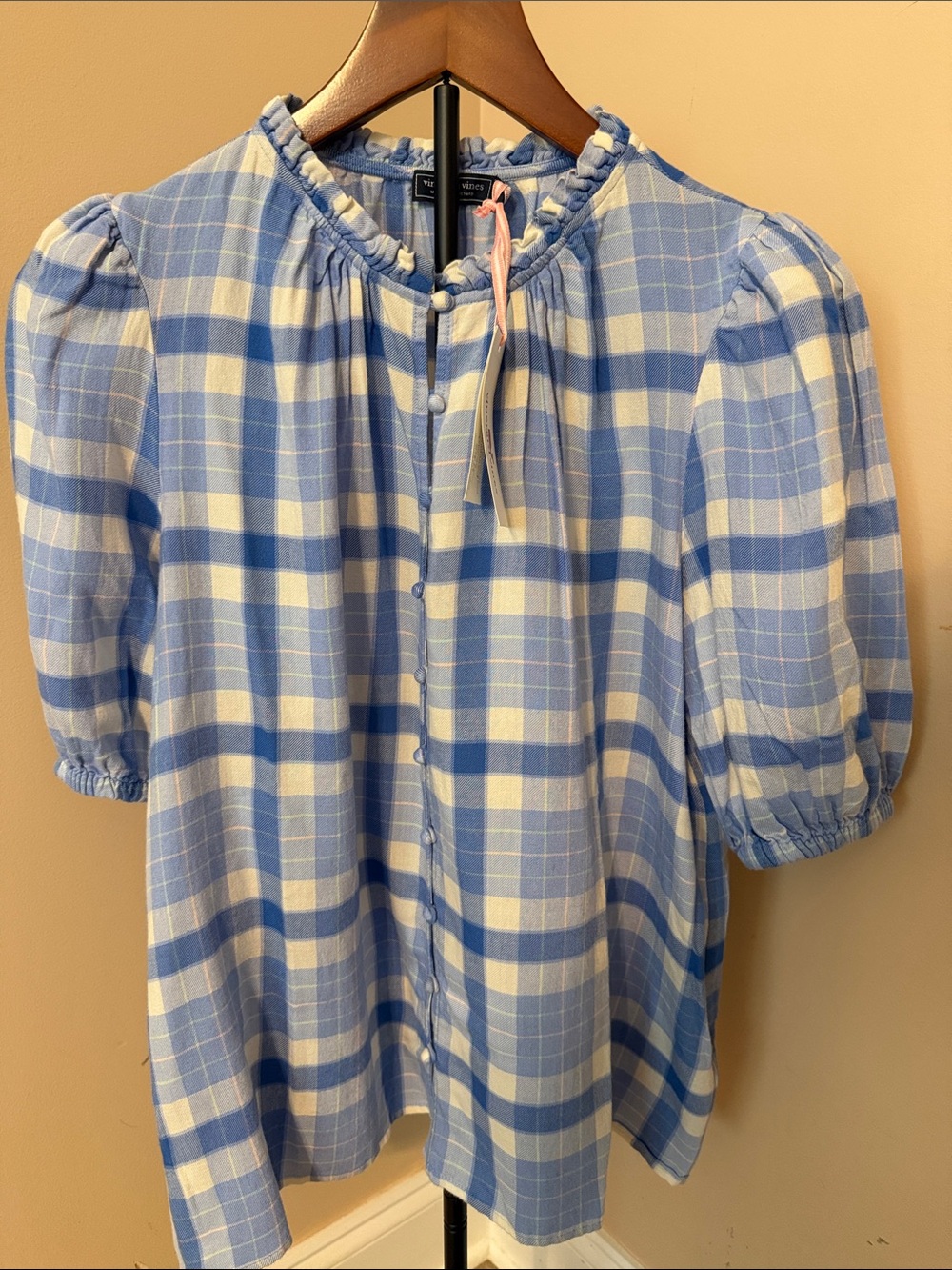 Vineyard Vines Blue and White Plaid Elastic-Neck Blouse with Pink Tie
